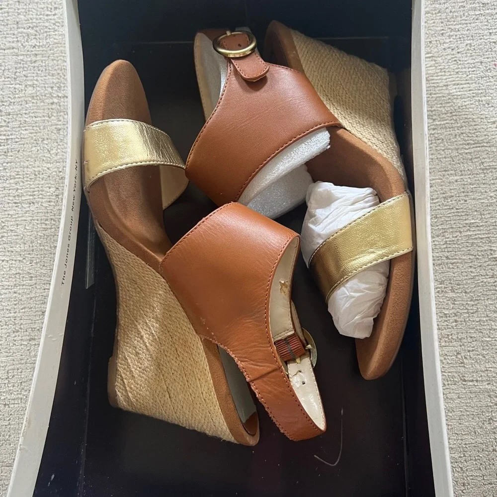 Anne Klein Akteppy Wedge Sandals Cognac Gold Leather Espadrille iFlex‎ 7M